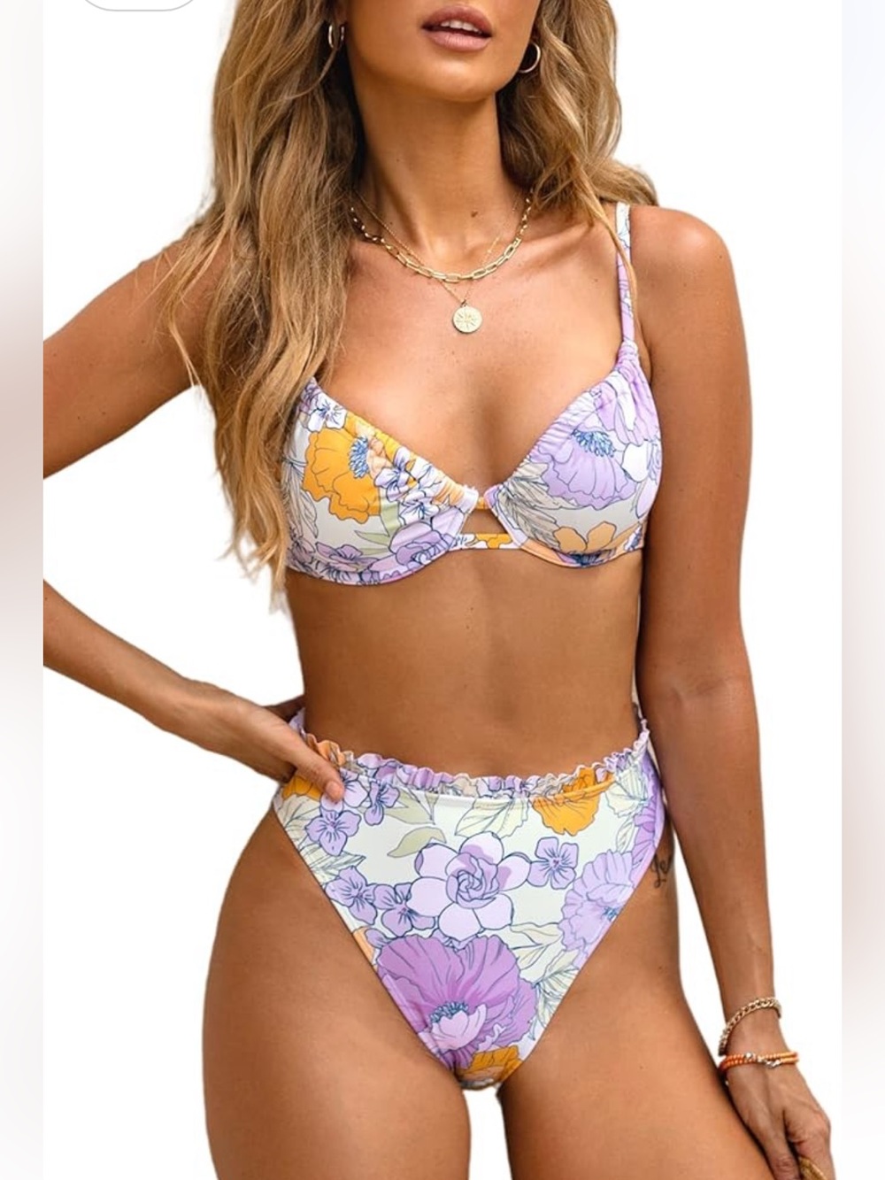 Cupshe Floral Bikini Small Lavender Yellow Underwire High Cut Two Piece Swimwear